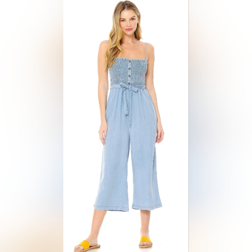 Love Tree Women's Juniors Smocked Culotte Chambray Jumpsuit